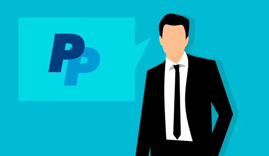 Grafik mit PayPal-Logo und anonymen Mann in Anzug im Vordergrund