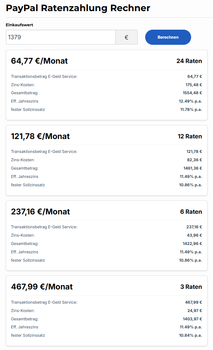 Screenshot: Paypal Ratenzahlung Rechner